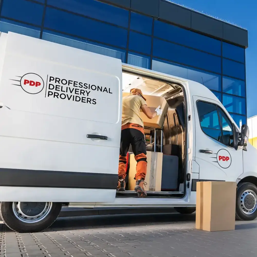 Worker moving cargo out of van